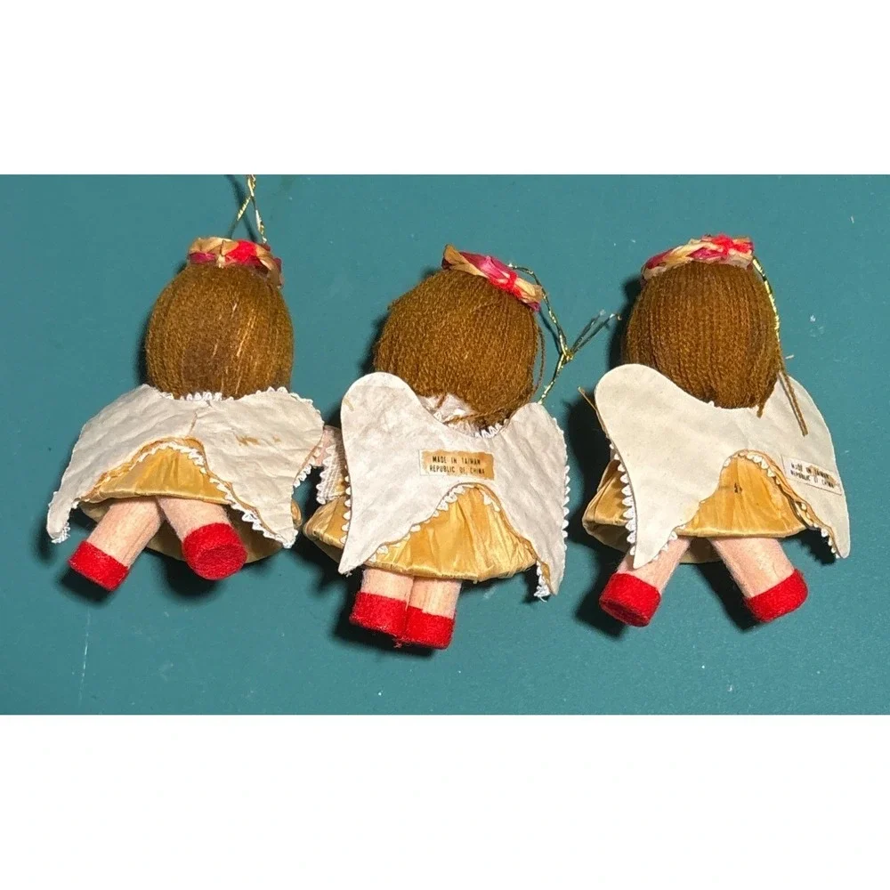 VTG Set Of‎ 3 Handmade Straw Angel Ornaments With Red Shoes & Golden Harps